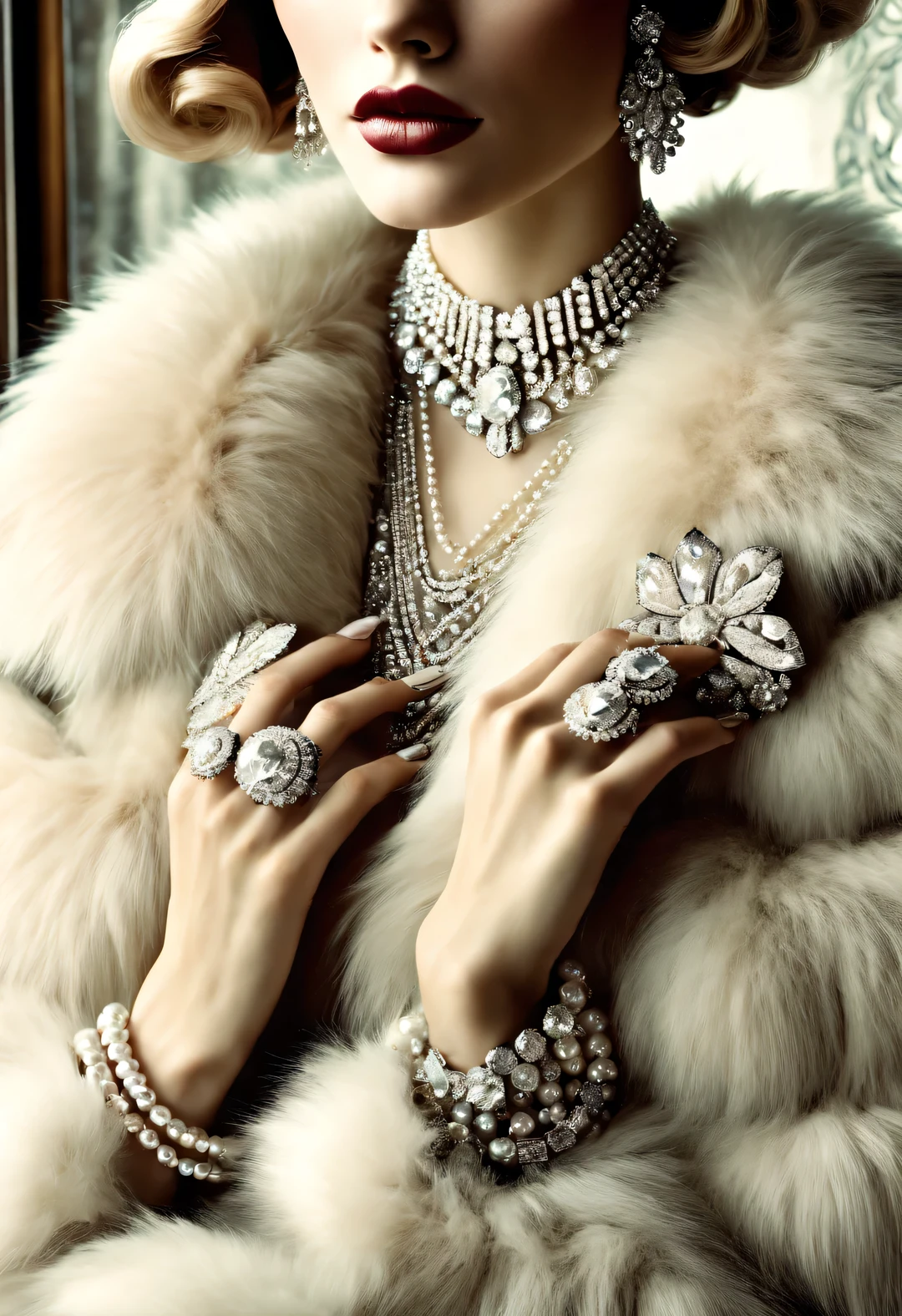 Double exposure style , portrait,best quality,8k,high resolution,super detailed,super clear,Creative style artwork,classical,,
( Two girls in fashionable clothes sitting at coffee table looking out the window. Girl wearing high-end fur coat sitting at the table.),gorgeous、Exquisitely crafted diamond rings and bracelets,tiara jewelry,vintage ,The atmosphere of the 1920s, (blond:1.34),Fur coat has delicate texture,smooth visible velvet,Wear pearl jewelry,Advanced custom lace clothing,perfect fingers,(White skin),(Stacking accessories),
Luxurious and plump pearls,everything is clear,Composed of beads and brilliant diamonds,Pearls are usually round,(Each bead is the same size),Carefully selected、burnish,Smooth and delicate surface,Soft shine,Diamonds are the most dazzling part,They are cleverly mounted on metal frames,Contrast with pearls,Make the whole bracelet look noble and elegant,Dressed in 1920s fashion, 1920s hairstyles, 1 9 2 0 s style, 1 9 2 0 clothes, 1 9 2 0 s fabric style,
