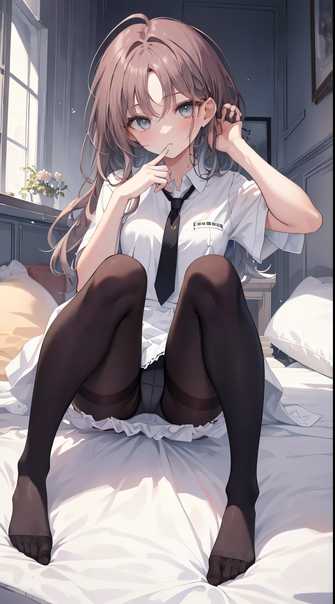 finest, masterpiece, High resolution, (Full body view from head to toe), front, frontやや下からの構図, Symmetrical, 18 year old girl, alone, (whole body from head to toe), small breasts, brown hair, slightly messy hair, long hair, bangs, (black tights), ( (black pantyhose), black pantyhose, (squating pose), (spread legs), (Her legs are spread and her white panties are visible between her legs.), composition show me your white panties, slender beautiful legs, とても美しい18 year old girl, (not wearing shoes), blush, shy big eyes, messy hair, looking at camera, show me your white panties, Pure white underwear