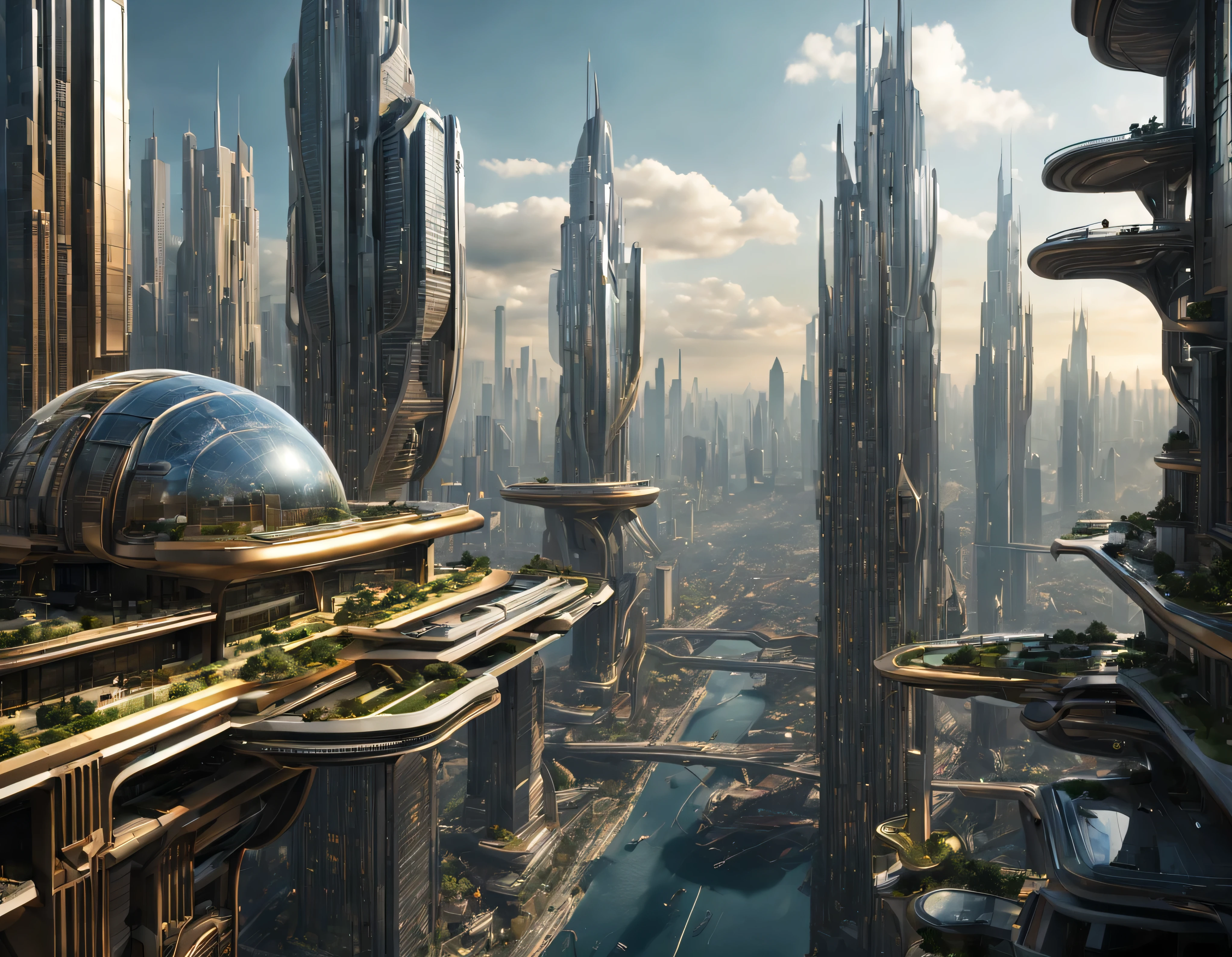 the city of megacity futuristic science fiction city as it would be in the year 3029, vista desde una terraza , with high-tech design , edificios de metal y cristal, autopistas cruzandolos, de una inmensidad impresionante, con el empleo de oro , plata y bronce en su construccion, realmente impresionante a la vista, imagen bien definida, fondo nitido bien defifido, con muchos edificios juntos. imagen nitida bien definida 8k. los edificios llegan alta el fondo.,8k. imagen cinematografica, renderizado 3d, ((obra maestra de superior calidad)).