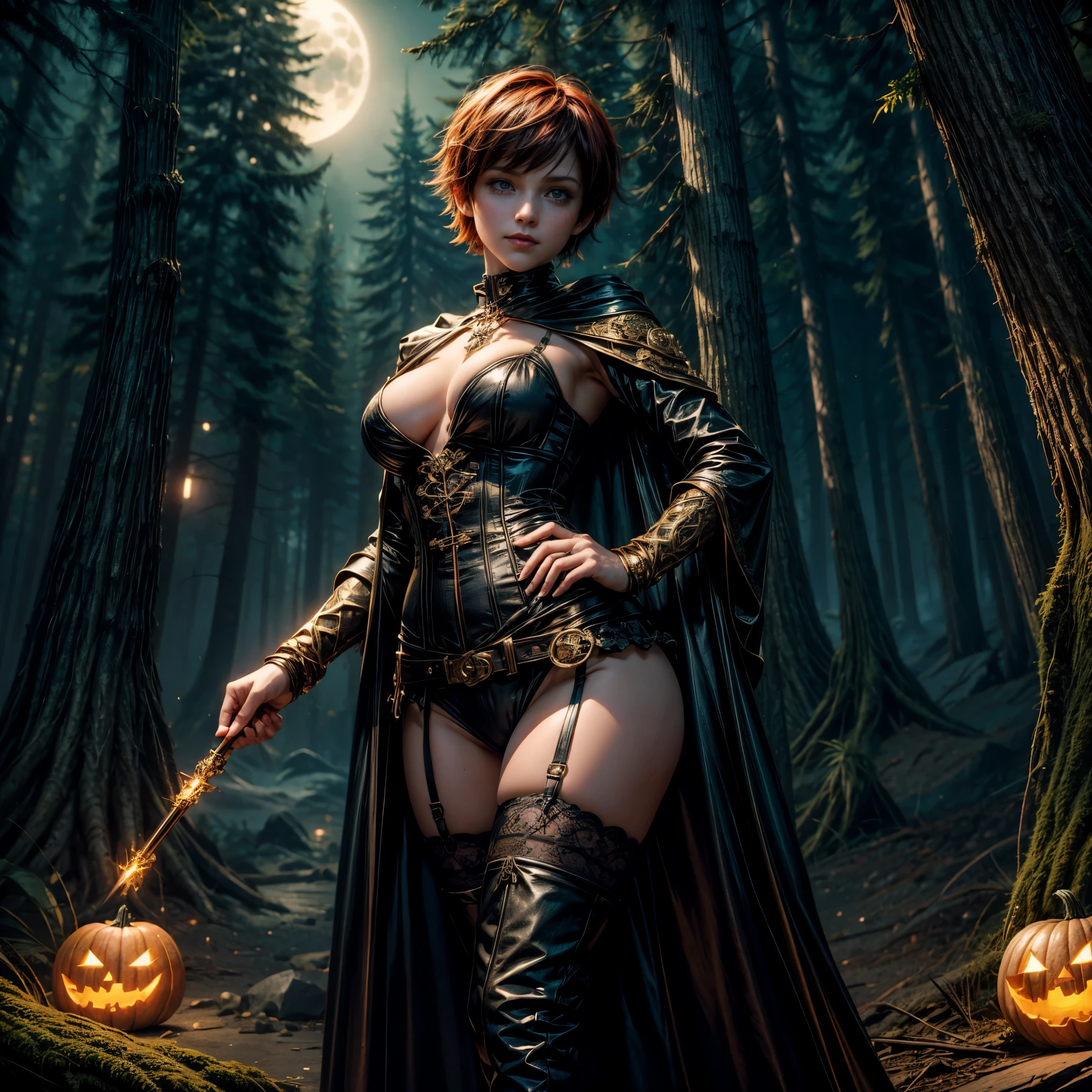 gwen tennyson,tracer,bulma,rebecca chambers,1girl,close up,moonlight,witch costume,gold neck jewelry,body tattoos,short hair,gown dress, pumpkin village,ceremonial cape,gothic corset,halloween forest,gold,amulets,glowing cauldron, gothic piercings and tattoos, white tribal top,green eyes,orange hair,shy smile,freckles,redhead,beautiful girl,large breasts,thigh high boots,ultra detailed,realistic,fantasy art,garter belt,holding a wand,black cat,