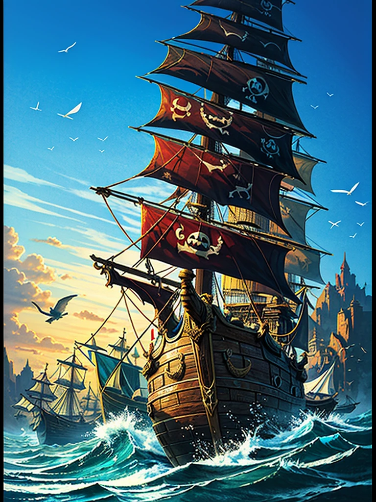 (((masterpiece、Highest image quality、highest quality、highly detailed unity 8kwallpaper)))、(fantasy、port、pirate ship)、portに停泊するpirate ship、Wooden sailing ship