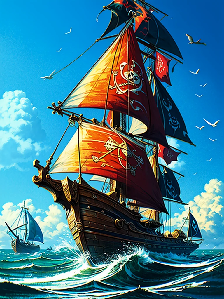 （（（masterpiece、Highest image quality、highest quality、highly detailed unity 8ｋwallpaper）））、（fantasy、port、pirate ship）、portに停泊するpirate ship、Wooden sailing ship