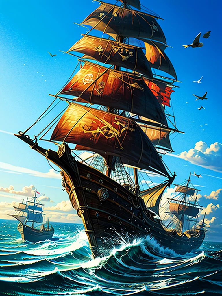 (((masterpiece、Highest image quality、highest quality、highly detailed unity 8kwallpaper)))、(fantasy、port、pirate ship)、portに停泊するpirate ship、Wooden sailing ship