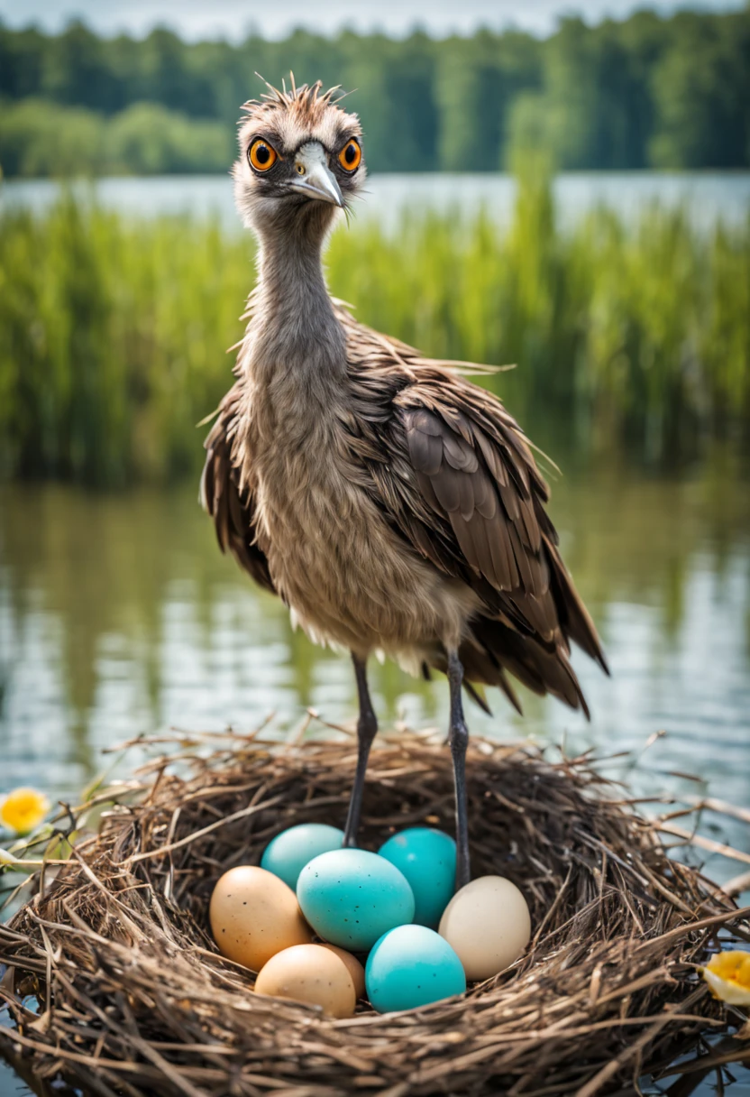 Stunning portrait of an ugly cute scruffy funny old crazy big eyed bird with long legs standing in a nest with eggs in a beautiful lake. Wacky bird in nest. Sharp focus on bird. 50mm professional photo