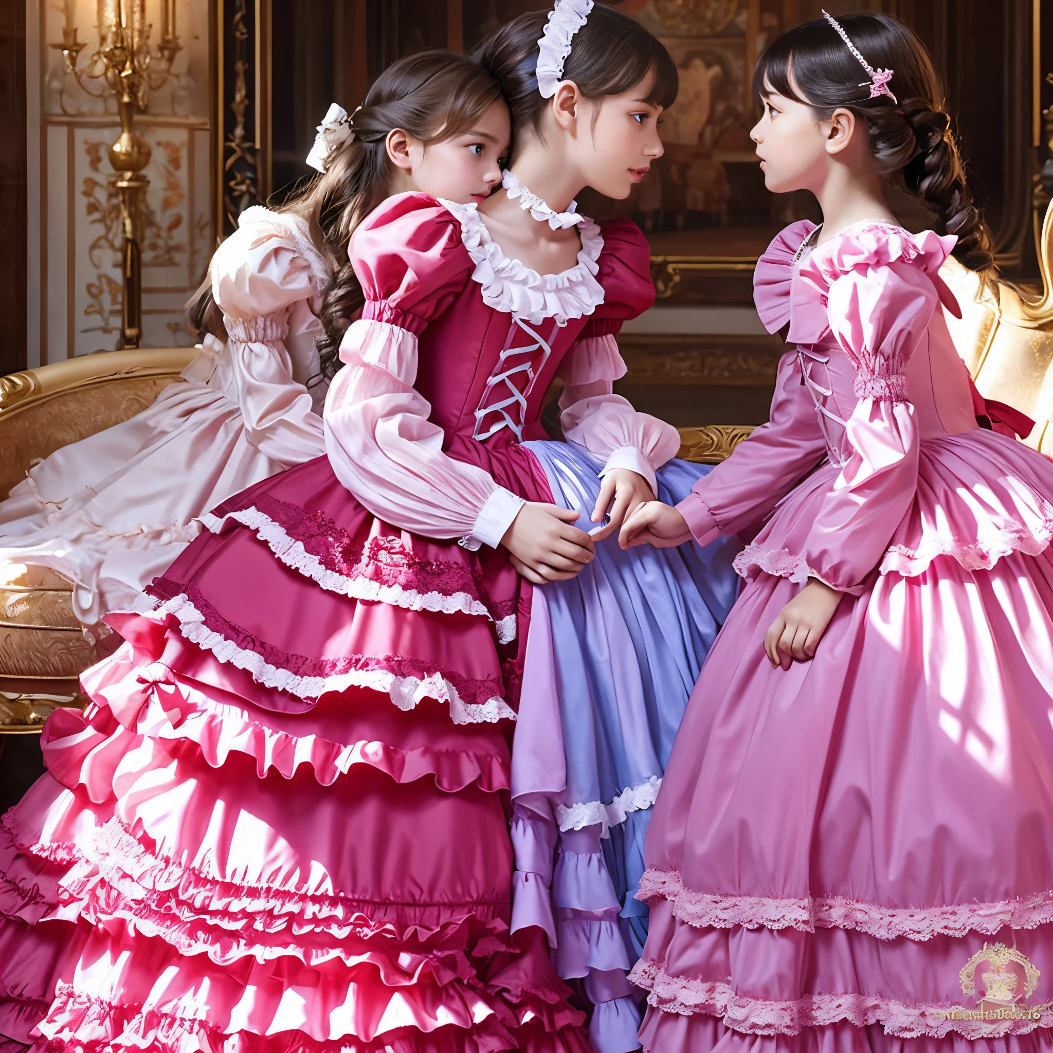 highest quality, masterpiece, highest resolution, artwork, super get used to it, many become familiar with, become familiar with, get used to it, woman, 10 years old,the two girls are princesses,pink victorian dress,long sleeve,long dress,A dress with lots of frills and ribbons.,high quality dresses,luxury,Two kiss,(Luxury Bedroom),high quality princess canopy bed,