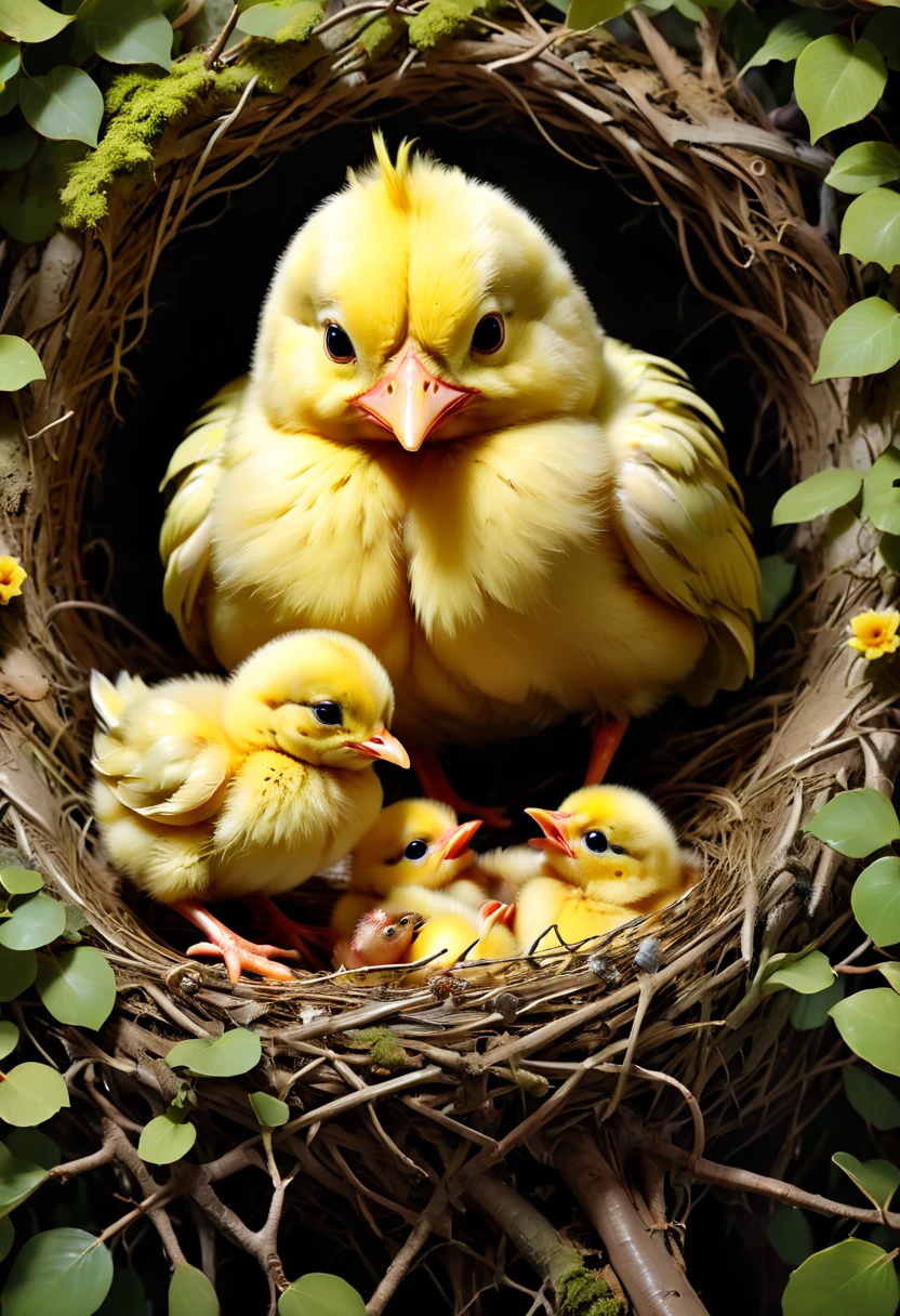 Feeding chicks in Nest, by Robbie Devi Antonio, best quality, masterpiece, 8k