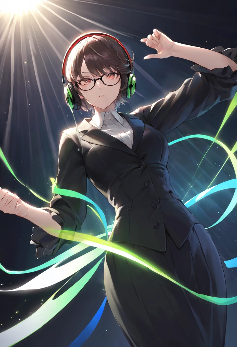 A original character, a adult woman, with a maternal yet alluring gaze. Dressed formally with a touch of sportiness, wearing headphones and glasses. Short hair, strongly inspired by Tae Takemi from Persona 5. Striking a dynamic pose with multiple points of light, featuring calm colors.