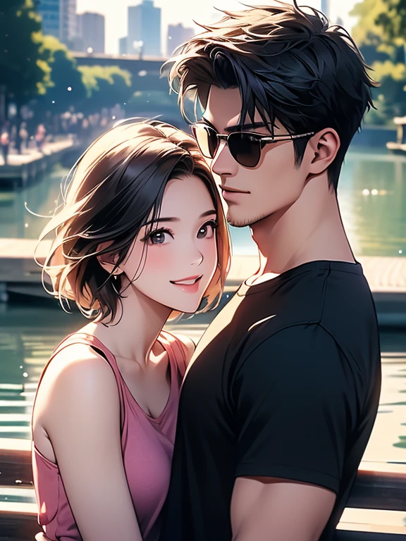 (masterpiece, Best Quality, ultra-detailed, high resolution, extremely detailed CG, official art, Professional Lighting, Perfect Anatomy, anime colors), close up image of a couple starring at each other, Asian girl, very pretty, smiling, Short hair, she is wearing a pink tank top, she is with her boyfriend an Asian guy, wearing a black t-shirt with sunglasses, in the Yarra River, , detailed image, 8K, detailed faces, (day time:1.5), Melbourne Australia, (in the Yarra River:1.4), outdoor, (depth of field:1.3),