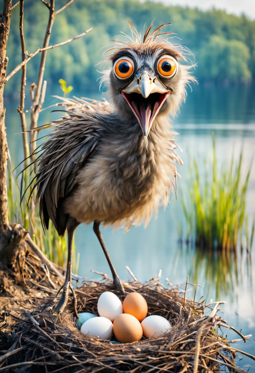 Stunning portrait of an ugly cute scruffy funny old crazy big eyed bird with long legs standing in a nest with eggs in a beautiful lake. Wacky bird in nest. Sharp focus on bird. 50mm professional photo