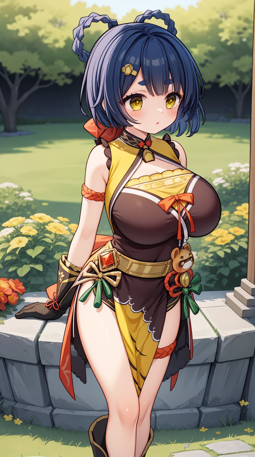 girl, solo, full body, from head to toe, (Huge_Breasts:1.3),

A breathtakingly beautiful garden filled with vibrant flowers, lush green plants, The air is filled with the sweet scent of blooming flowers, and rays of golden sunlight gently filter through the leaves, creating a magical atmosphere, 

xiangling \(genshin impact\),1girl,blue hair, short hair, thick eyebrows, hairclip, hair rings, braid, yellow eyes, bow, glove,chinese clothes, sleeveless, bare shoulders, pelvic curtain, belt,