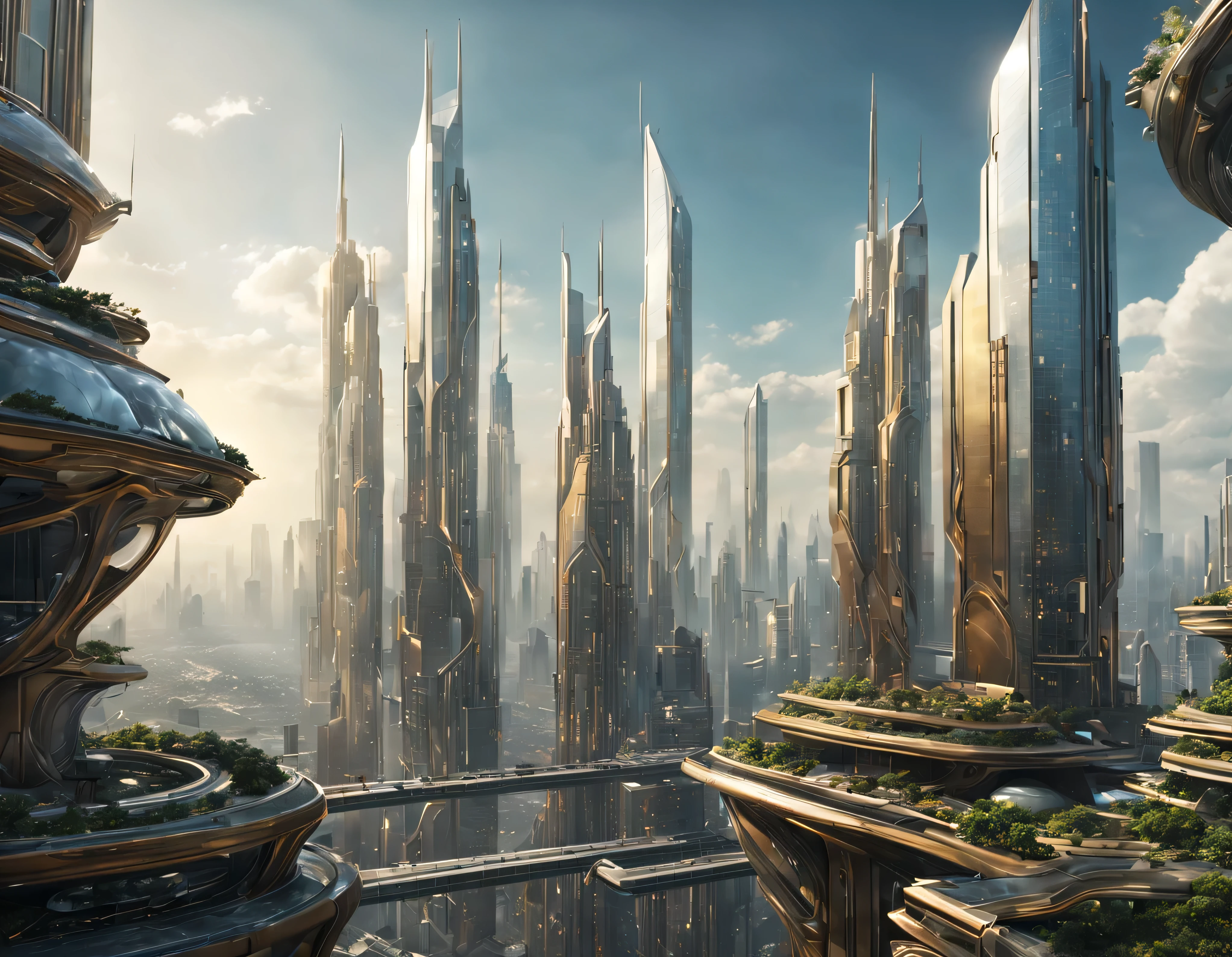 the city of megacity futuristic science fiction city as it would be in the year 3029, vista desde una terraza , with high-tech design , edificios de metal y cristal, autopistas cruzandolos, de una inmensidad impresionante, con el empleo de oro , plata y bronce en su construccion, realmente impresionante a la vista, imagen bien definida, fondo nitido bien defifido, con muchos edificios juntos. imagen nitida bien definida 8k. los edificios llegan alta el fondo.,8k. imagen cinematografica, renderizado 3d, ((obra maestra de superior calidad)).