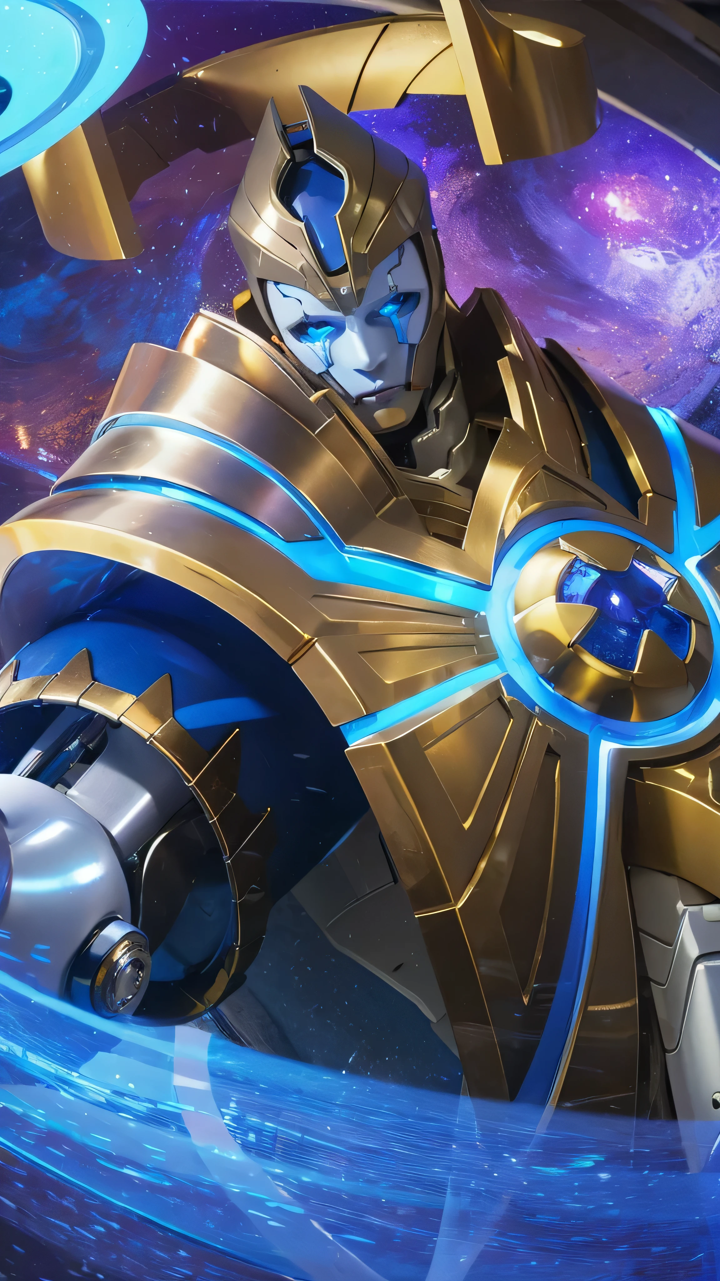 8k, highly detailed, photo realistic, close up of robot with blue light on its face