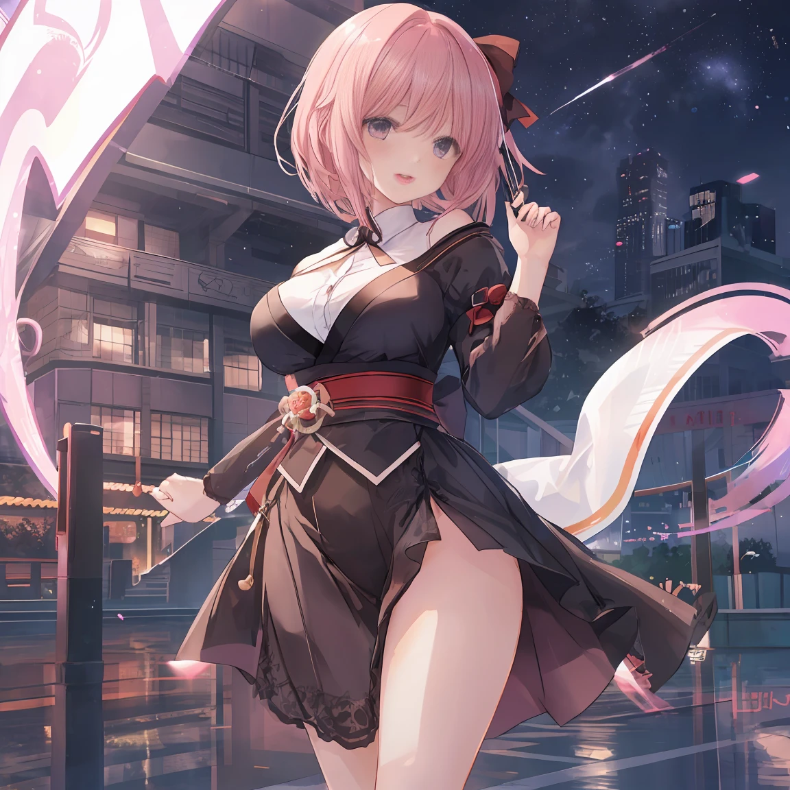 1girl,solo,crotchless pants, okita souji, ahoge, pink hair, hair between eyes, (hair bow), (short hair:1.2), yellow eyes,sleeveless shirt,from behind,bare arms,arms at sides, NSFW,official art,extremely detailed CG unity 8k wallpaper, perfect lighting,Colorful, Bright_Front_face_Lighting, (masterpiece:1.0),(best_quality:1.0), ultra high res,4K,ultra-detailed, photography, 8K, HDR, highres, absurdres:1.2, Kodak portra 400, film grain, blurry background, bokeh:1.2, lens flare, (vibrant_color:1.2) (Beautiful,medium_Breasts:1.4), (beautiful_face:1.5),(narrow_waist),(perfect hands, perfect anatomy),