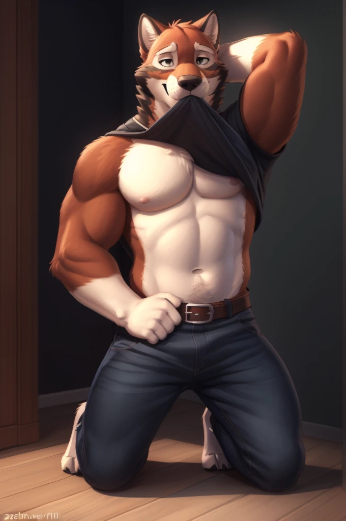 leo alvarez, muscular, bara, wolf tail, (posing:1.3), (soft shading), 4k, hi res, five fingers, detailed hands, ((detailed face, (detailed eyes:1.0), detailed)), by zackarry911, by zaush, (by personalami:0.5), solo, looking at viewer, short hair, shirt, 1boy, navel, nipples, full body, male focus, thighs, belt,  stomach, clothes lift, black shirt, kneeling, mouth hold, shirt lift, thick thighs, abs, denim, lifted by self, arm behind head,  bare pectorals, seductive smile, clothes in mouth, shirt in mouth, presenting penis, canine penis, nude,