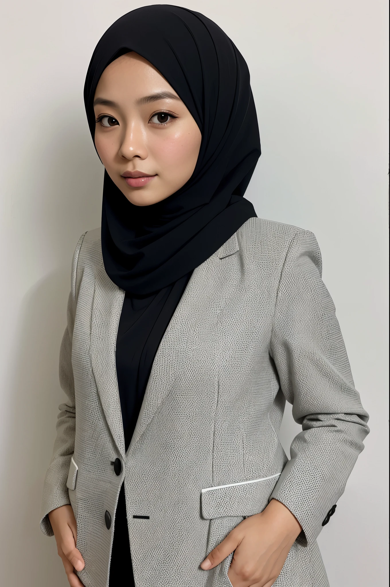 35 year old malay asian lady on white background, taking a passport photo, wearing hijab perfect neat styling, plain, proper attire, colored blazer, half body, standing straight, hand down, looking at camera, professional