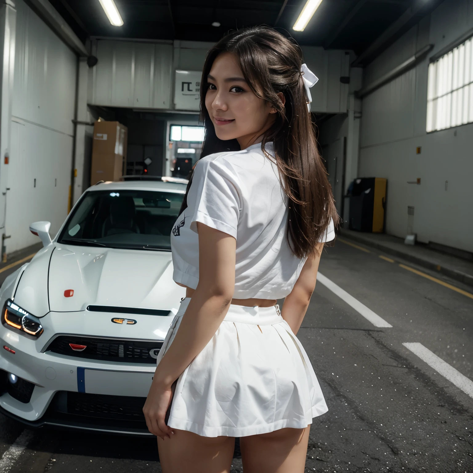 from back, face focus, looking at viewer, cute   smile, day,white, moody lighting, Tyndall effect, Cinematic Lighting, HD, a beautiful 25 years old Asian girl, ribbon bow on her long hair, infront of gtr car, standing and posting, wearing miniskirt, wearing cropped shirt,