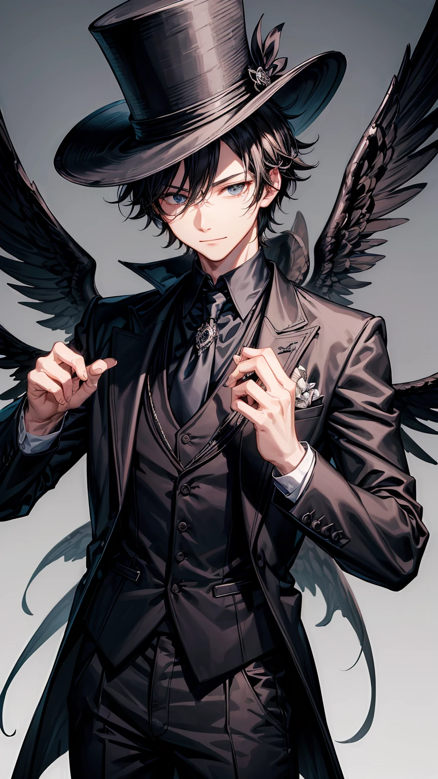 (best quality),(masterpiece),(original),extremely detailed wallpaper,looking at viewer,1boy,male,male focus,solo, black hair,messy hair,evil smile,black top hat, grey suit,black vest,black necktie,black cargo pants,upper body,