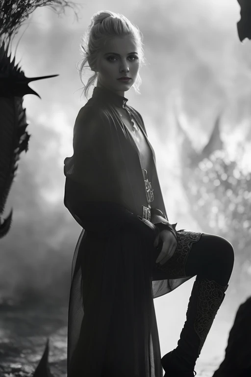A black and white photograph captures a blonde woman posing in front of a burning land. The light source behind her casts a shadow and accentuates her facial features and the outline of her upper body. In the background have distinguished the head of a dragon with yellow eyes high quality, 8K Ultra HD, double exposure, double exposure of a female sorcerer with a yellow-eyed dragon