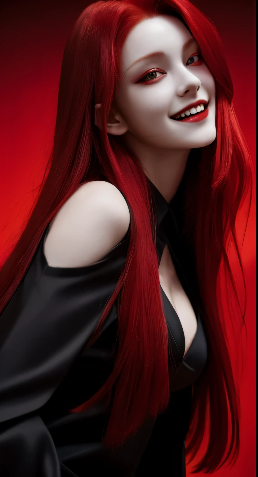 masterpiece, best quality, highres, 1girl, solo, modern vampire, red hair, long hair, open hair, red eyes, evil smile, 2 young boys on her both sides, both vampires with red hair, red and black outfit, scary background