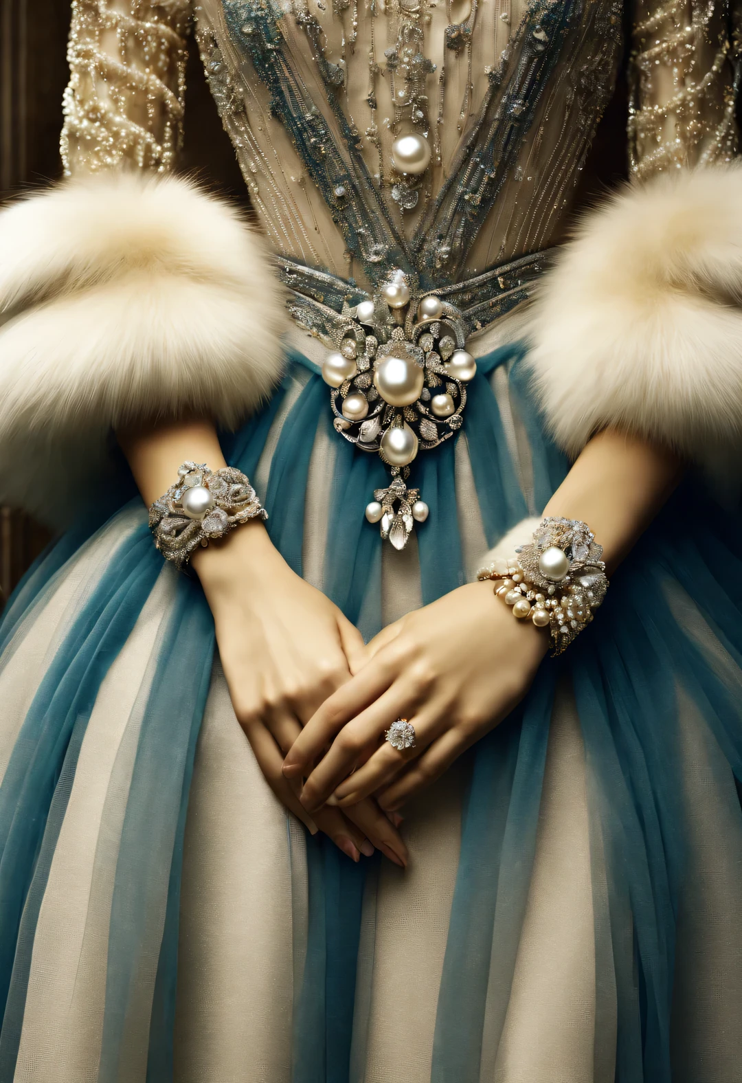 Vintage photography style, portrait，best quality,8k,high resolution,super detailed，super clear,Creative style artwork,classical,，
（ Two stylishly dressed girls sitting at coffee table looking out the window. Girl wearing high-end fur coat，Paired with blue gauze skirt.），gorgeous、Exquisitely crafted diamond rings and bracelets，tiara jewelry，vintage ，The atmosphere of the 1920s,  （blond：1.34），Fur coat has delicate texture，smooth visible velvet，Wear pearl jewelry，Advanced custom lace clothing，perfect fingers，（White skin），（Stacking accessories），
Luxurious and plump pearls，everything is clear，Composed of beads and brilliant diamonds，Pearls are usually round，（Each bead is the same size），Carefully selected、burnish，Smooth and delicate surface，Soft shine，Diamonds are the most dazzling part，They are cleverly mounted on metal frames，Contrast with pearls，Make the whole bracelet look noble and elegant，Dressed in 1920s fashion, 1920s hairstyles, 1 9 2 0 s style, 1 9 2 0 clothes, 1 9 2 0 s fabric style,