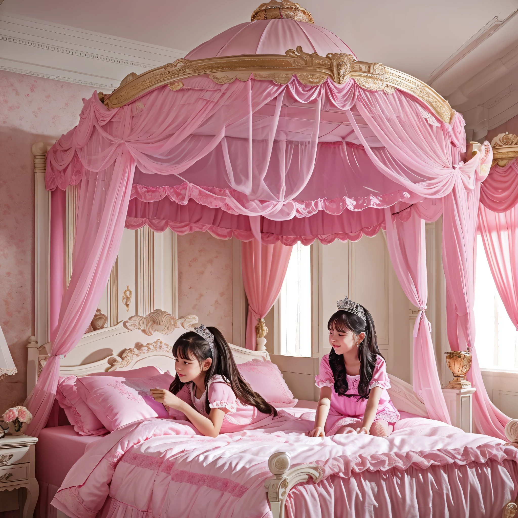 (masterpiece, 最high quality, high quality, High resolution, super detailed), 10歳の少女達, girls on Princess Bed, (Princess Bed),pink, King size bed with canopy,