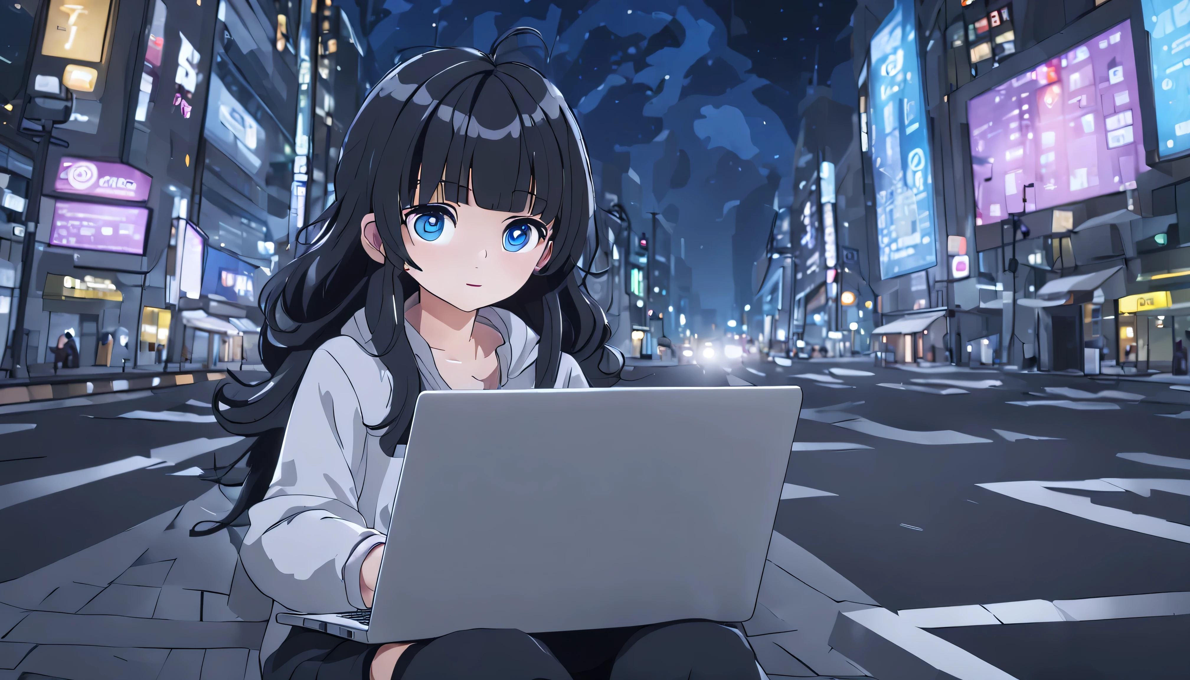 1girl with black hair and blue eyes programming on a laptop in the middle of a road in a city road at night, outdoor, with the best quality. far shot