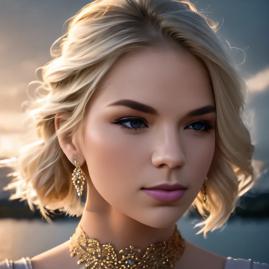 head to thigh portrait, blonde ponytail hairstyle, Light green crop top, tight low-rise jeans, a beautiful Nordic girl, 20yo, beautiful shimmering makeup, frosty lips, icy eyeshadow, a gold necklace, (RAW photo, best quality), (realistic, photo-Realistic:1.3), best quality, masterpiece, beautiful and aesthetic, 16K, (HDR:1.4), high contrast, (vibrant color:0), (muted colors, dim colors, soothing tones:1.4), cinematic lighting, ambient lighting, sidelighting, Exquisite details and textures, cinematic shot, Cold tone, (Bright and intense:1.1), wide shot, by xm887, ultra realistic illustration, siena natural ratio, High contrast. Deep intense colors. crystals. Shadow play. Dynamic angle. Cinematic. Detailed. Intricate. Lightening. Wild sky with clouds. at Sunset. By Dreamer. Lightning storm. Reflections. Extreme camera angle from below. Water. Clouds. Mysterious. High contrast. Intricate details. Layered. Glowing from within. Filigree. Mother of pearl. Sharp focus.
