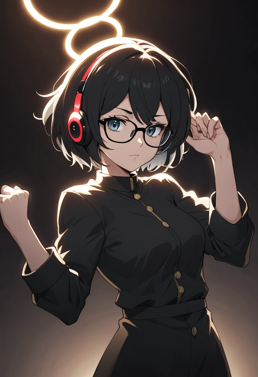 A original character, a adult woman, with a maternal yet alluring gaze. Dressed formally with a touch of sportiness, wearing headphones and glasses. Short hair, strongly inspired by Tae Takemi from Persona 5. Striking a dynamic pose with multiple points of light, featuring calm colors.
