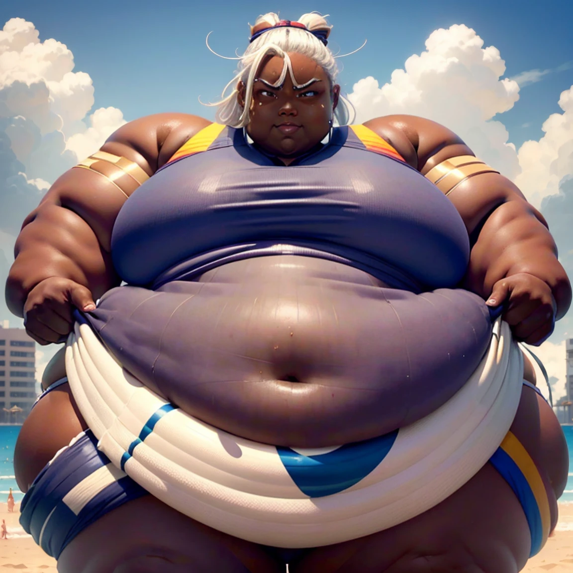 ((Dark skin)), dark skinned female, giantess, ((strongfat)), ssbbw, obese, ((strong arms)), white hair, blue eyes, mawashi, tall, looming over viewer, (gentle smile), ((sumo wrestler)), gigantic, insanely large belly, sweaty, subtle blush, (bare arms), ((biceps)), ((flexing))