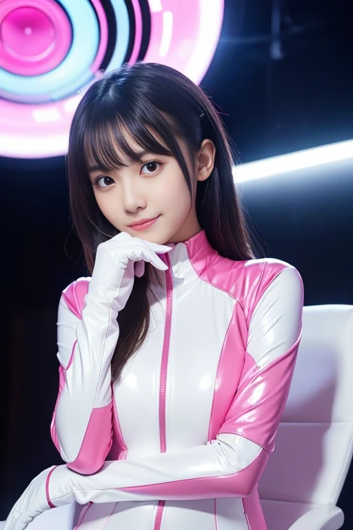(Place your index finger on your chin, bend the index finger, Shiny rubber suit, gazing at viewer, Leaning forward, 1 girl, Looking at Viewer, from the front side, facing straight at viewer, white and pink clothes, White Gloves, futuristic spacesuit, Inside the spaceship room), Smile, Upper body, body suit, Mini Pencil Skirt, High neck clothing, Hide the neck, drooping eyes, Head tilt, masutepiece, Best Quality, an extremely cute girl, 20 years old, Black hair, pink line in the center of the clothes