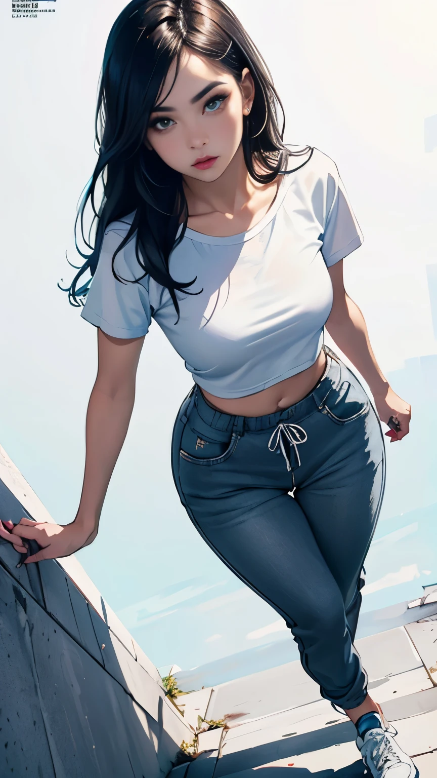 Temptation, beautiful young woman on the road in a microshort skirt, white micro-skirt and panties and a T-shirt, black hair, big blue eyes, slim, wet hair and skin, camera from below, looking at the camera over her shoulder, city, paints, back view, watercolor, Style by Harrison Fisher and Brian Froud and Jeremy Mann and Alexandre Cabanel and Ralph Steadman and Tomer Hanuka, Mysterious