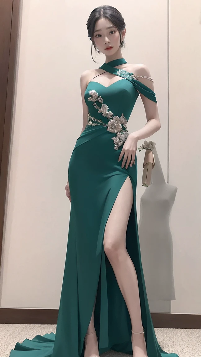 a woman in a short dress posing in front of a painting, gorgeous young korean woman, wearing an elegant dress, beautiful young korean woman, sexy dress, beautiful south korean woman, yanjun chengt, jaeyeon nam, korean women's fashion model, elegant dress, hwang se - on, jade green whith rose motifs dress, korean artist, wearing aJade green with rose motifs dress, cute korean actress full body