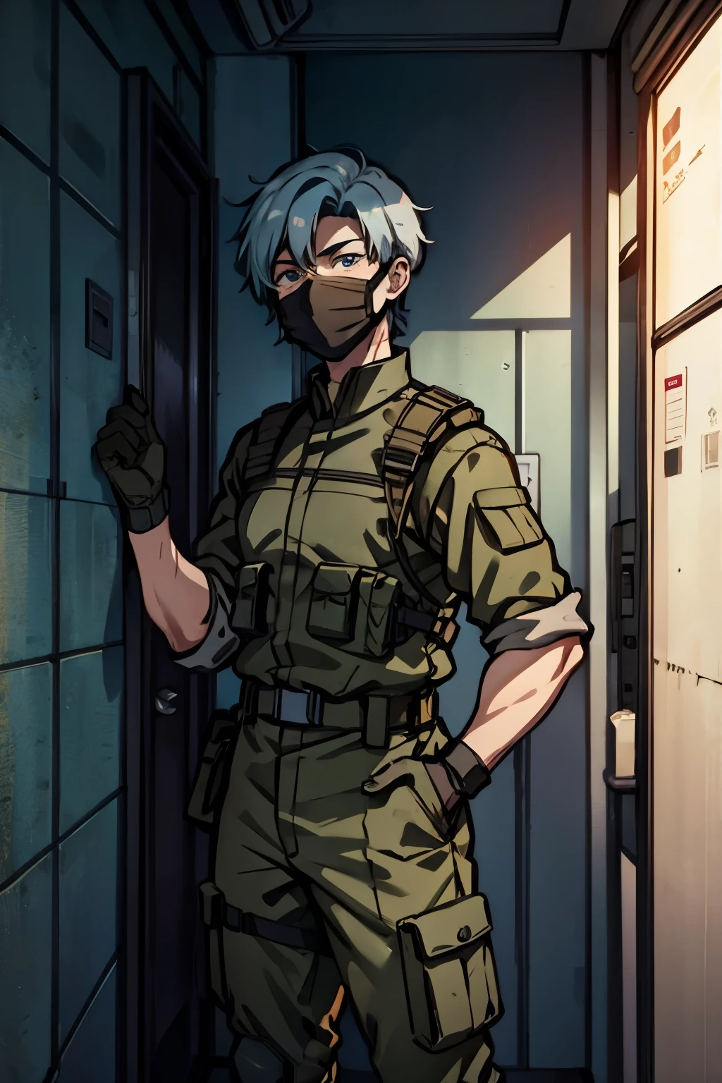 Male medic with short pale blue hair, wearing military combat gear, a surgical mask, standing in the barracks