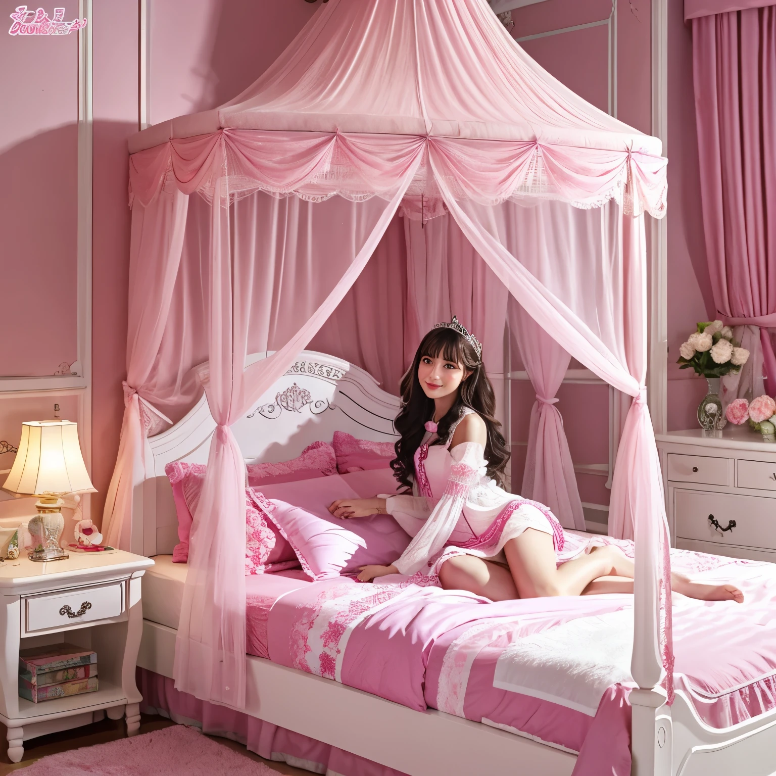 (masterpiece, 最high quality, high quality, High resolution, super detailed), 10歳の少女達, girls on Princess Bed, (Princess Bed),pink, King size bed with canopy,
