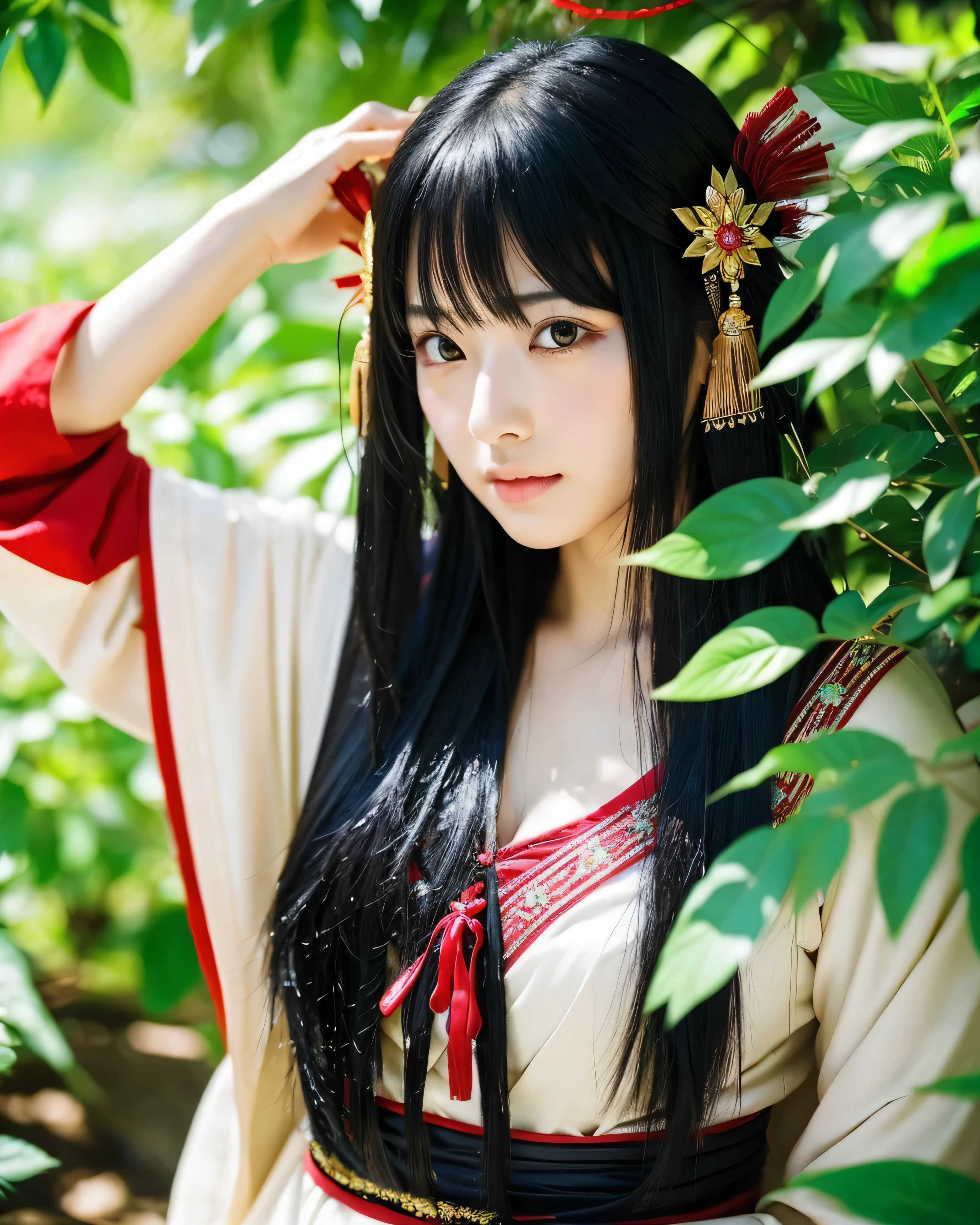 beautiful japanese woman　beautiful and fine eyes　hair ornaments　black hair　upset long hair　shrine maiden costume　Mysterious　shrine　Asahi　Sunlight through the leaves
