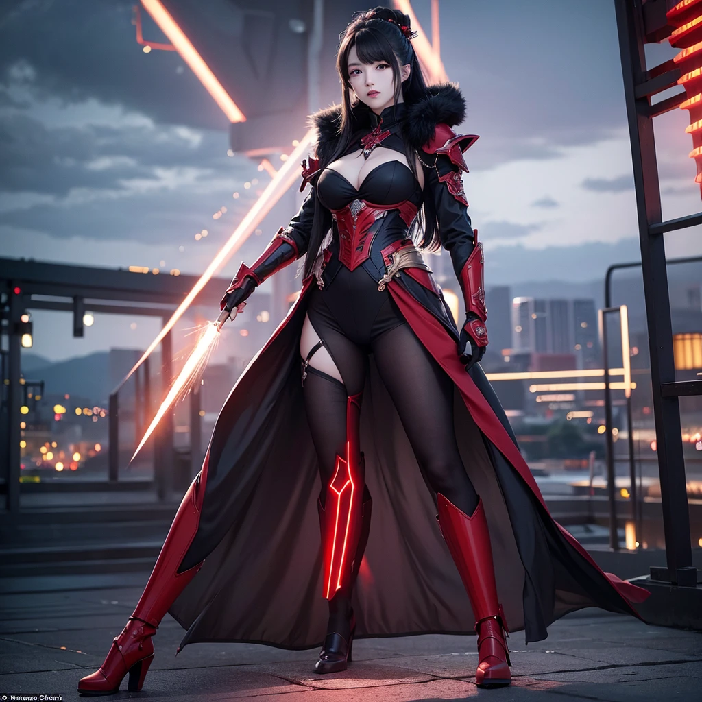 (((full body photo))) 2 japanese girl, War Frame, complex pattern, heavy metal, energy line, Faceless, Glowing eyes, Elegant, Formidable, Blood red and black uniform, Solo, Modern, city, A city scape, dark clouds, thunderstorm, Heavy rain,, Dramatic Lighting,, (masutepiece:1.2), Best Quality, High resolution, Beautiful detailed, Extremely detailed, Perfect Lighting,