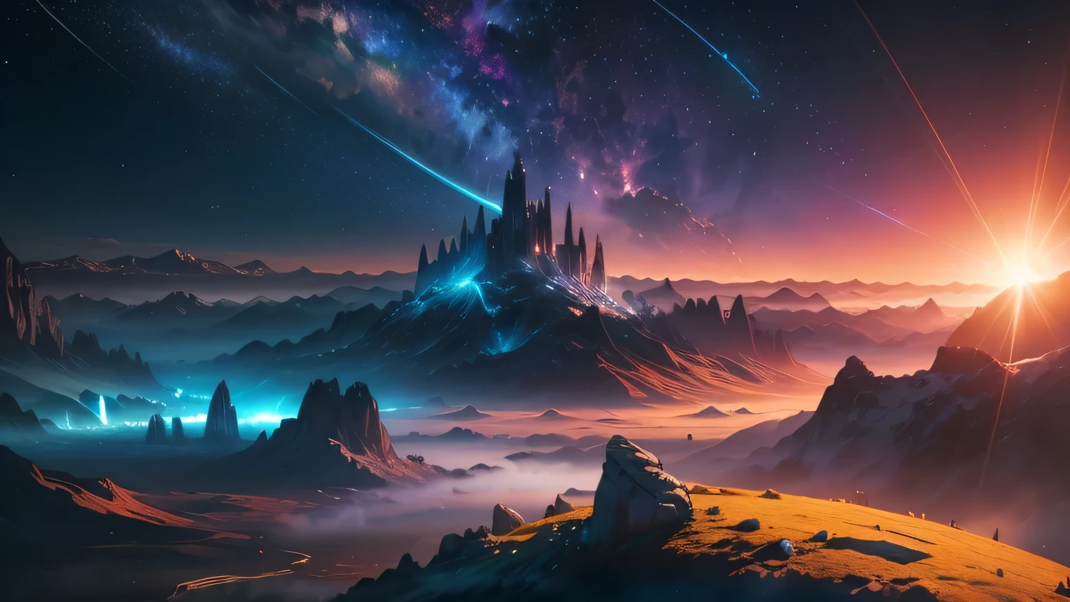 Vast landscape photos, runes around the sun, (sun: 1.2), (meteors: 0.9), (nebula: 1.3), break production art, intricate details, volumetric lighting, realism break (masterpiece: 1.2), (best quality), 4k, ultra-detailed, (dynamic composition: 1.4), very detailed, colorful details, (iridescent colors: 1.2), (luminous lighting, atmospheric lighting), dreamy, magical, (solo: 1.2)