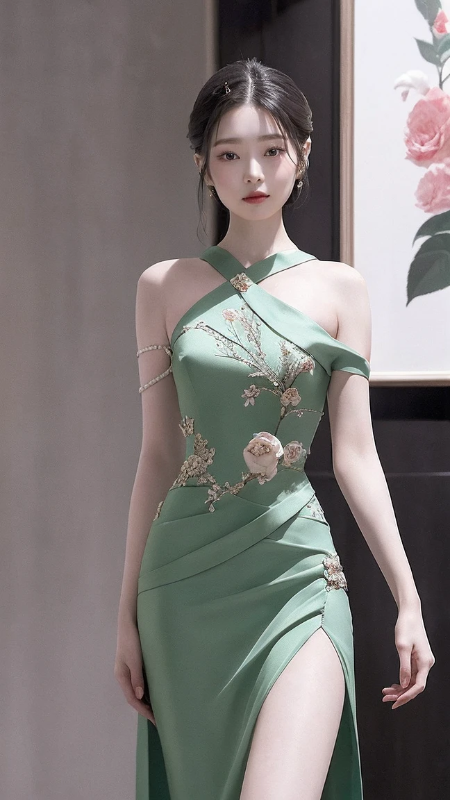 a woman in a short dress posing in front of a painting, gorgeous young korean woman, wearing an elegant dress, beautiful young korean woman, sexy dress, beautiful south korean woman, yanjun chengt, jaeyeon nam, korean women's fashion model, elegant dress, hwang se - on, jade green whith rose motifs dress, korean artist, wearing aJade green with rose motifs dress, cute korean actress full body 