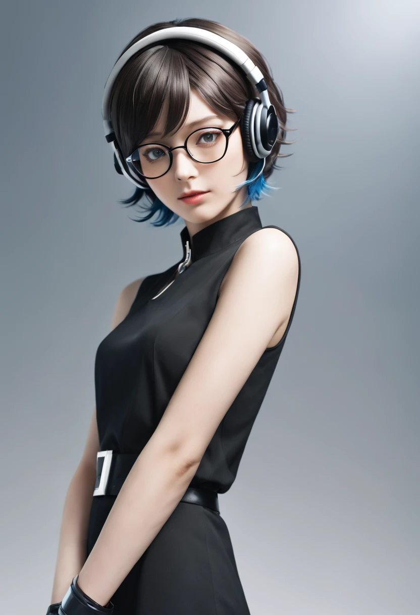 A original character, a adult woman, with a maternal yet alluring gaze. Dressed formally with a touch of sportiness, wearing headphones and glasses. Short hair, strongly inspired by Tae Takemi from Persona 5. Striking a dynamic pose with multiple points of light, featuring calm colors.