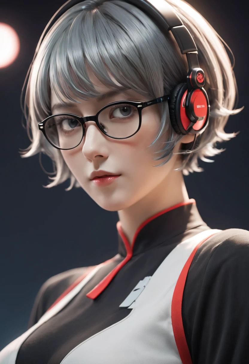 A original character, a adult woman, with a maternal yet alluring gaze. Dressed formally with a touch of sportiness, wearing headphones and glasses. Short hair, strongly inspired by Tae Takemi from Persona 5. Striking a dynamic pose with multiple points of light, featuring calm colors.