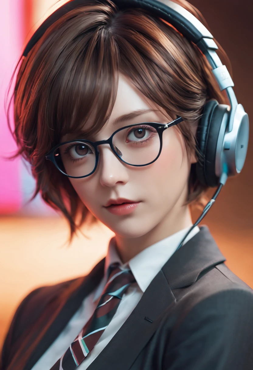 A original character, a adult woman, with a maternal yet alluring gaze. Dressed formally with a touch of sportiness, wearing headphones and glasses. Short hair, strongly inspired by Tae Takemi from Persona 5. Striking a dynamic pose with multiple points of light, featuring calm colors.