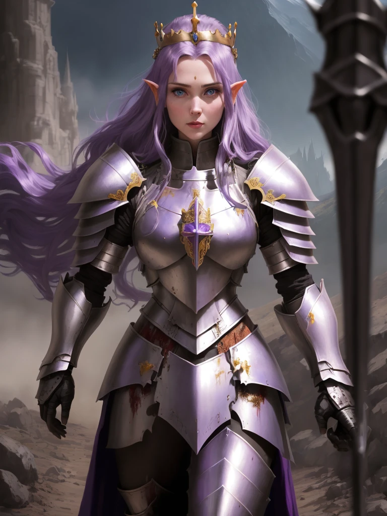 a beautiful female general，Princess Crown，Purple hair and blue eyes，Crusader Knight Armor，Lord of the Rings movie concept，Still screen，Hold a knight's sword，Fantasy middle-earth armor，mighty，fear，blood，blood，crazy surrealism，A fantasy world，Lord of the Rings illustration，game poster，Award-winning masterpiece，Super detailed，perfect artistic creativity，dream，ultra HD16k