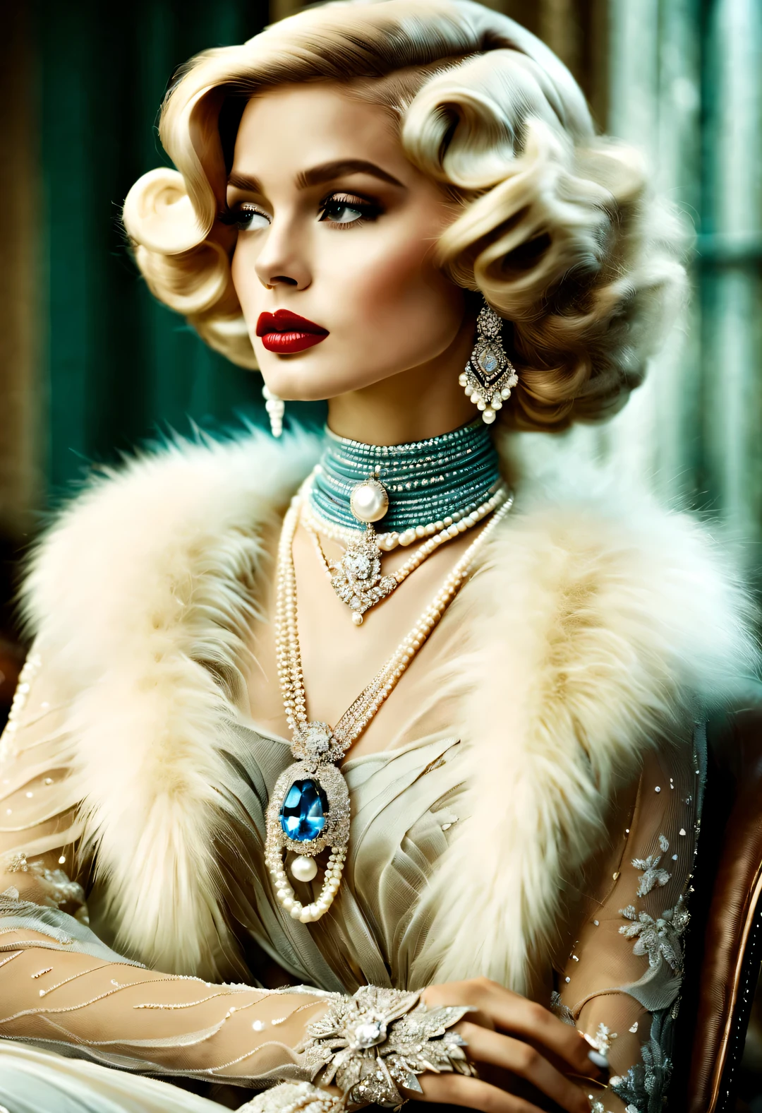 Vintage photography style, portrait，best quality,8k,high resolution,super detailed，super clear,Creative style artwork,classical,，
（ Two stylishly dressed girls sitting at coffee table looking out the window. Girl wearing high-end fur coat，Paired with blue gauze skirt.），gorgeous、Exquisitely crafted diamond rings and bracelets，tiara jewelry，vintage ，The atmosphere of the 1920s,  （blond：1.34），Fur coat has delicate texture，smooth visible velvet，Wear pearl jewelry，Advanced custom lace clothing，perfect fingers，（White skin），（Stacking accessories），
Luxurious and plump pearls，everything is clear，Composed of beads and brilliant diamonds，Pearls are usually round，（Each bead is the same size），Carefully selected、burnish，Smooth and delicate surface，Soft shine，Diamonds are the most dazzling part，They are cleverly mounted on metal frames，Contrast with pearls，Make the whole bracelet look noble and elegant，Dressed in 1920s fashion, 1920s hairstyles, 1 9 2 0 s style, 1 9 2 0 clothes, 1 9 2 0 s fabric style,