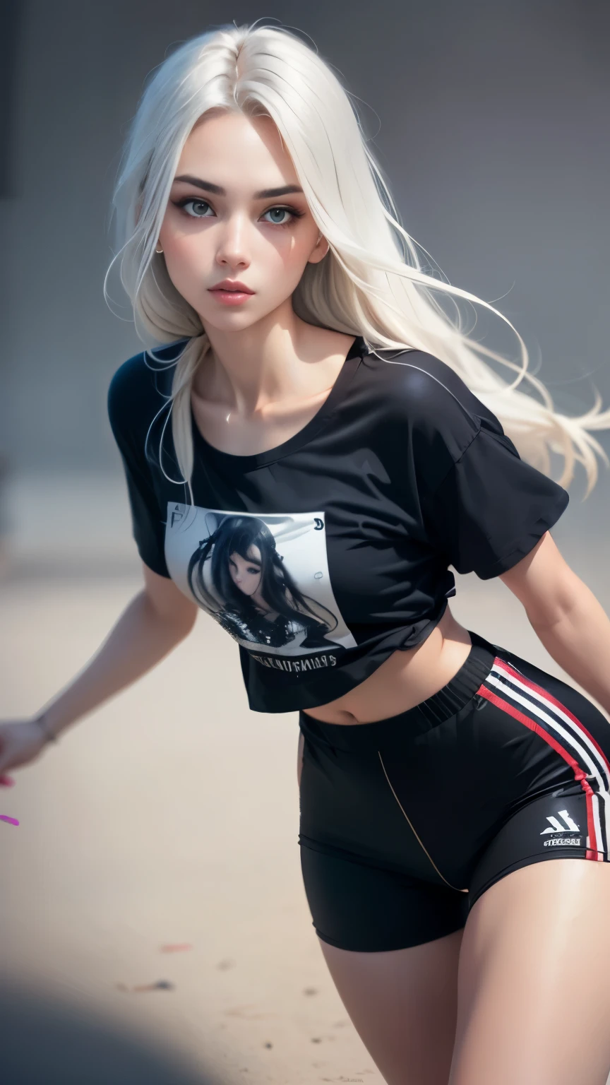 1 girl named Sarah with long light blue hair, dyed loose hair, Long hairstyle, perfect detailed face, Young pretty white girl, Hot-top model, Detailed symmetrical light green eyes with round irises, Beautiful, Walking and posing, Look at the observer, 19-year-old girl, looks like Madison Beer, extremely detailed face, Model, Realistic, Real life, perfect photorealistic picture, Realistic, hourglass figure, Stunning realistic photography, Detailed fingers, detailed realistic face, Soft fingers, real human nails, Extremely attractive girl, perfect detailed tan, small eyes, perfectly detailed face with realistic complexion and finely porous skin, small nose, Model, Perfect posture, Natural limbs, perfect long model legs, detailed symmetrical eyeballs, symmetric eyes, Realistic eyeballs, Realistic detailed eyes, cute plump closed lips, makeup, no long neck, no long waist, Perfect proportional body, seductive gaze, Looking in the direction of the viewer, Fascinating facial features, ah high, two arms, Two legs, one head, tiny breasts, realistic natural bodies, realistic shadows, Mystical epiphany, 8K, UHD, ((body facing the viewer, Pointing at the camera)), "wide-angle", Full-body shot, full pose, (photo studio white background), tempt a little, Cinematic world, Cover photo in the center of Hyperealistic, Stunning full-color, Cinematic, neoprene, behance contest winner, portrait of a, presented at Unsplash, stylized digital art, Smooth, extra high resolution, sexy look , She wearing a large white long oversize streetwear T-shirt and black Acronym J36-S sweatpants, (T-shirt only white), (((long oversize streetwear T-shirt))) , normal sneakers , black and white sneakers, instagram model, 80mm , Streetwear , (((dynamic angle))) , Realistic,round ass
