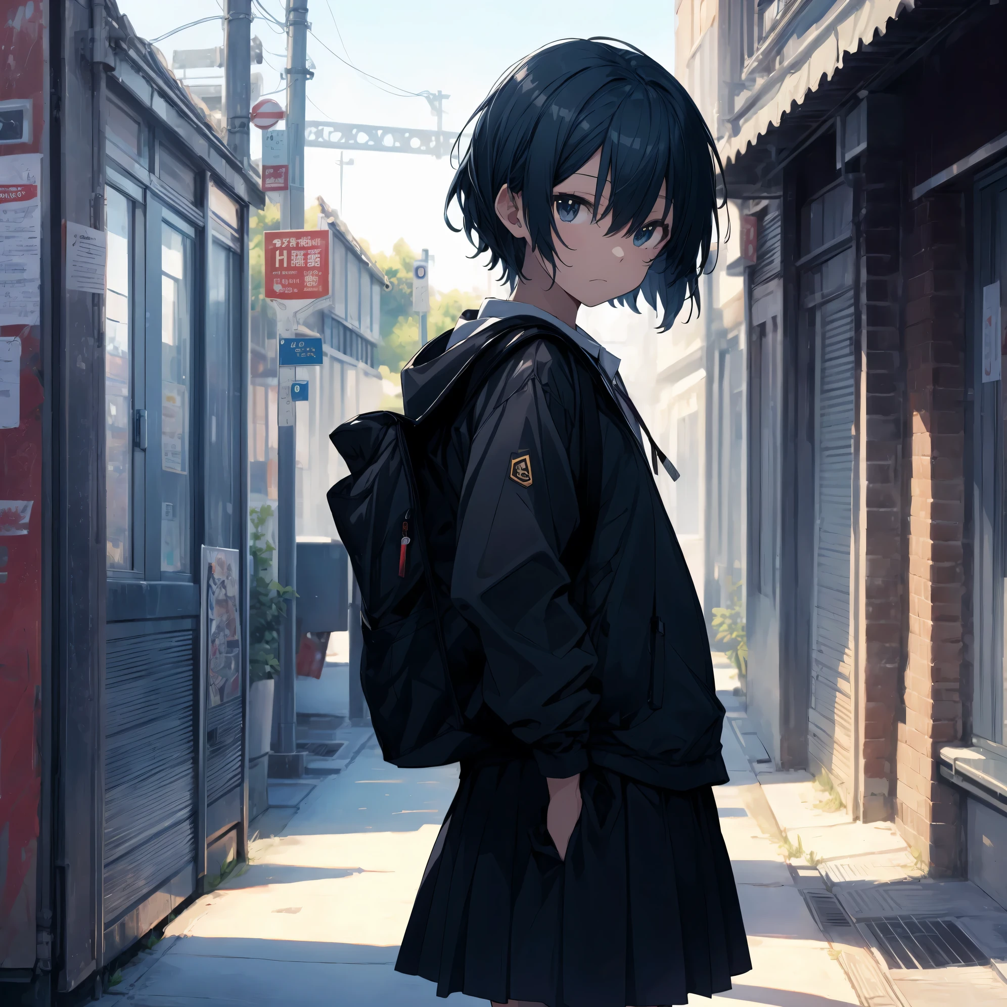 Super high quality by the art god, super detailed, High resolution,Shinkai Makoto style, anime moe art style, best anime 8K konachan wallpaper, pixiv contest winner, perfect anatomy, break,(眠そうにalone学校へ行く女の子を描いてください. ),break, surreal high school girl, (alone,lolita, , 13 years old:1.3),All limbs, full finger,, androgynous charm, (very short hair), messy hair, flat chest, small ass, between legs, Small black eyes,beautiful and fine eyes, Well-proportioned iris and pupils, disgusted eyes, High resolutionの詳細な髪, wearing school uniform, (skirt), On the way to school. break,super dense skin, Best lighting by famous artists, 8K, figure,