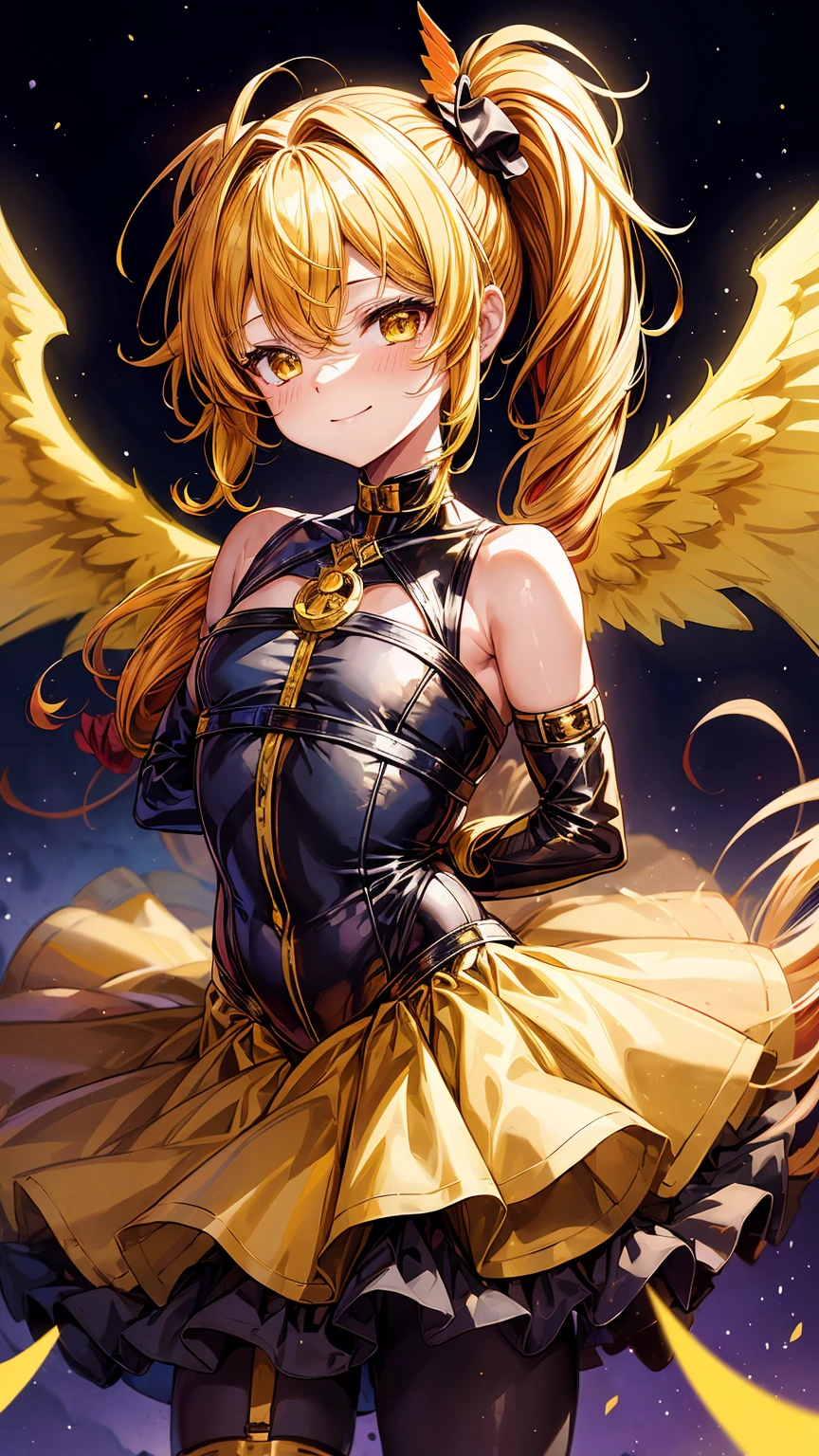 Sfw, 1little boy,solo, gently smile,(yellow hair),curly hair,gold eyes,((side ponytail)),black bondage,very cute,((with red angel wings on his back)),luminous effect,in the night sky,twinkle,best quality, high quality, masterpiece,starry sky