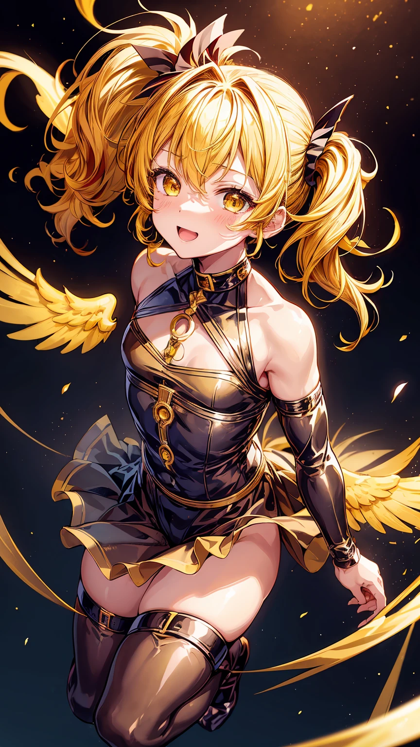 Sfw, 1little boy,solo, gently smile,(yellow hair),curly hair,gold eyes,((side ponytail)),black bondage,very cute,((with red angel wings on his back)),luminous effect,in the night sky,twinkle,best quality, high quality, masterpiece,starry sky