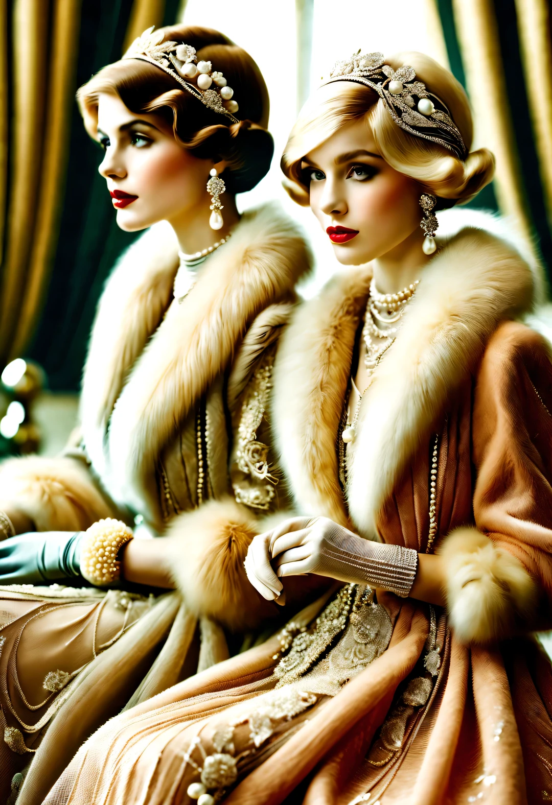 Vintage photography style, portrait，best quality,8k,high resolution,super detailed，super clear,Creative style artwork,classical,， （ Two stylishly dressed girls sitting at coffee table looking out the window. Girl wearing high-end fur coat，Paired with red gauze skirt.），Gorgeous、Beautifully crafted diamond rings and bracelets，tiara jewelry，High quality ，The atmosphere of the 1920s, （blond：1.34），Fur coat has delicate texture，smooth visible velvet，Wear pearl jewelry，Advanced custom lace clothing，perfect fingers，（White skin），（stacking accessories）， Luxurious and plump pearls，everything is clear，Composed of beads and brilliant diamonds，Pearls are usually round，（Each bead is the same size），Carefully selected、polishing，Smooth and delicate surface，Soft shine，Diamonds are the most dazzling part，They are cleverly mounted on metal frames，Contrast with pearls，Make the whole bracelet look noble and elegant，Dressed in 1920s fashion, 1920s hairstyles, 1 9 2 0 s style, 1 9 2 0 clothes, 1 9 2 0 s fabric style,
