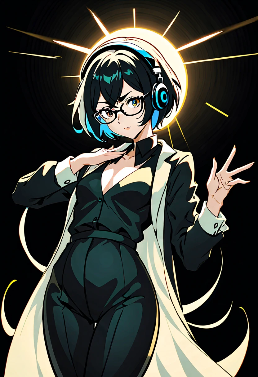 A original character, a adult woman, with a maternal yet alluring gaze. Dressed formally with a touch of sportiness, wearing headphones and glasses. Short hair, strongly inspired by Tae Takemi from Persona 5. Striking a dynamic pose with multiple points of light, featuring calm colors.