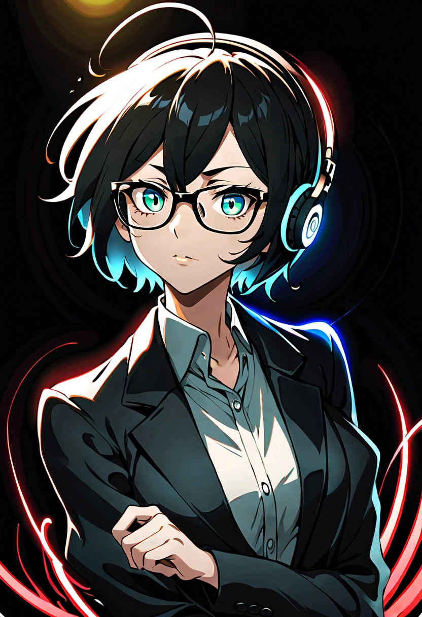 A original character, a adult woman, with a maternal yet alluring gaze. Dressed formally with a touch of sportiness, wearing headphones and glasses. Short hair, strongly inspired by Tae Takemi from Persona 5. Striking a dynamic pose with multiple points of light, featuring calm colors.